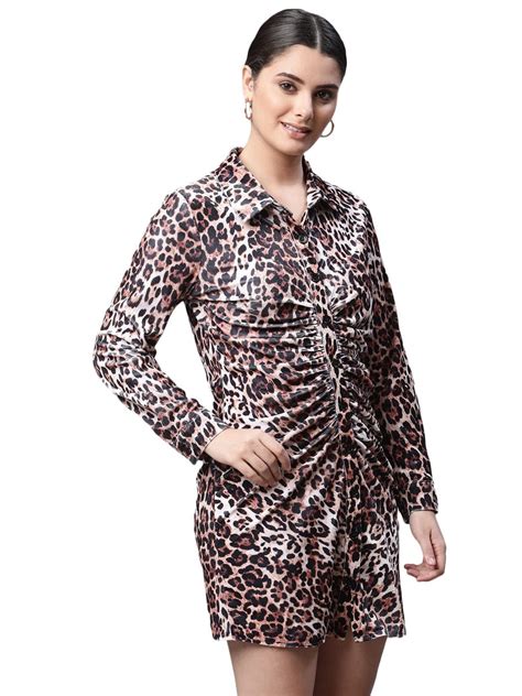 Buy Women Brown Leopard Printed Slim Fit Ruched Dress - Global Republic