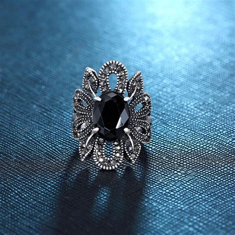 Buy Fabula Oxidised Silver Large Black Crystal Floral Cocktail Ring Online