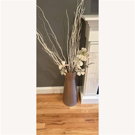 Large Silver Floor Vase & White Flowers - AptDeco