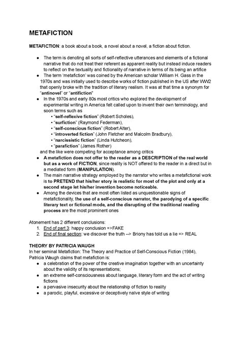 Metafiction and "Atonement" | Dispense di Letteratura Inglese | Docsity