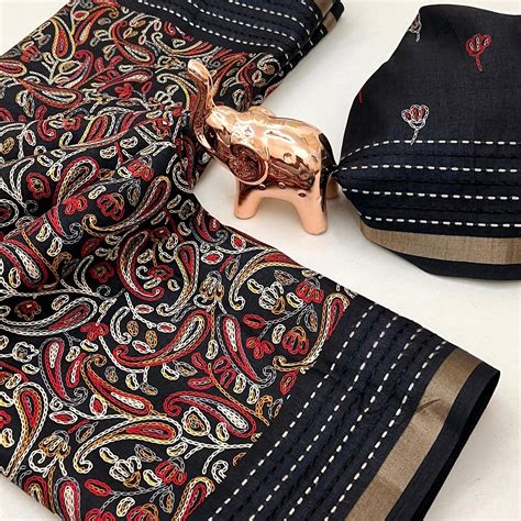 Black Floral Print Saree In Crepe Cotton Adorned With Kantha Embroider