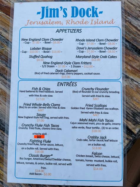 Menu at Jim's Dock restaurant, Narragansett