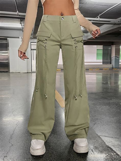 Low Rise Grommet Lace Up Flap Pocket Side Cargo Pants – Comfy Cargo Pants