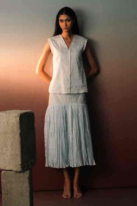 Buy Blue Cotton, Silk Embroidery, Beads V-neck Daisy Top For Women by ...