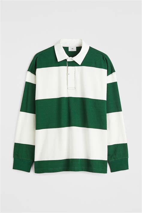 Oversized Fit Cotton Rugby Shirt - Green/white - Men | H&M US