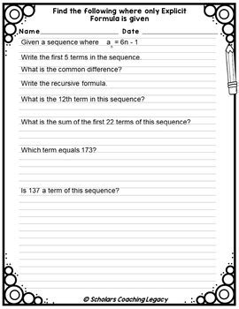 Find Arithmetic Sequences with Explicit formula given Worksheet Math ...