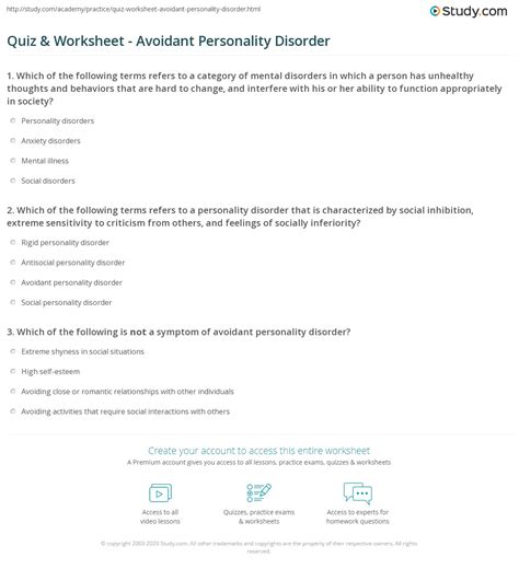 Quiz & Worksheet - Avoidant Personality Disorder | Study.com