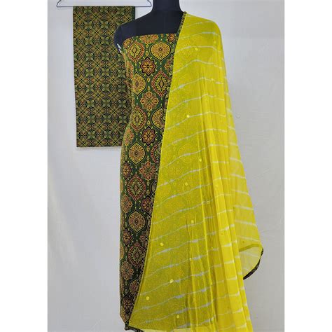 Hand printed natural dyed Ajrakh cotton salwar set with laheria dupatta ...