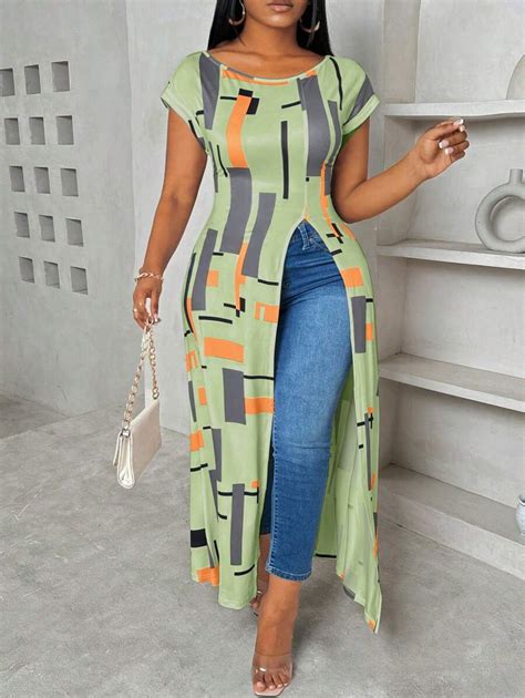 Maweii Plus Size Women Scoop Neck Geometric Patchwork Decor Cinched ...