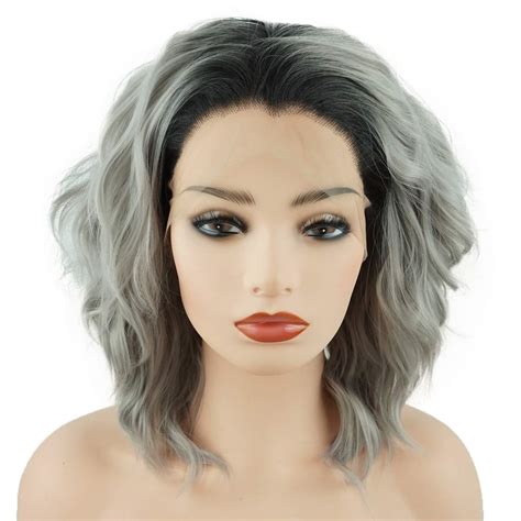 Buy Meiyite Hair Curly Short 14inch Dark Root Grey Ombre Half Hand Tied ...