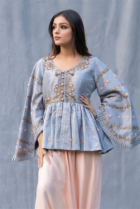 Grey silk peplum set – Anahyta Arora