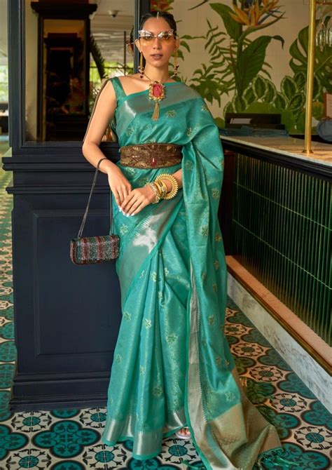 Shop Pure Banarasi Organza Emerald Green Handloom Saree Online India ...
