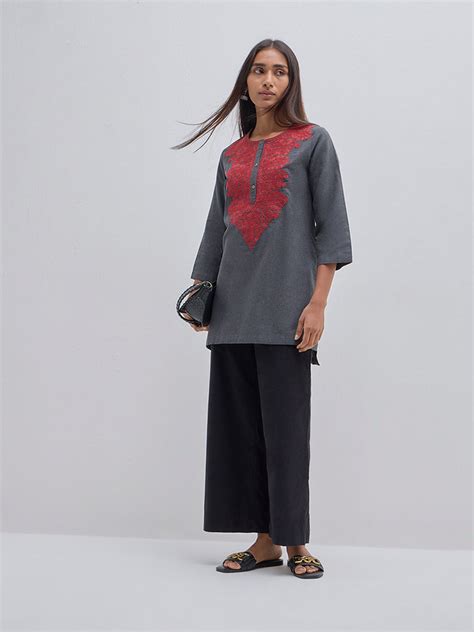 Buy Utsa Charcoal Embroidered Cotton Straight Kurti from Westside