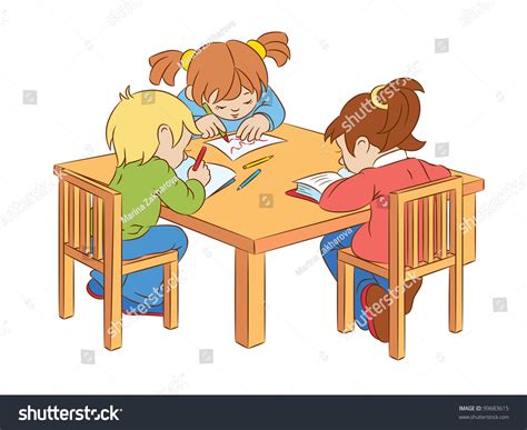 Kinder Sitzen Am Tisch Clipart