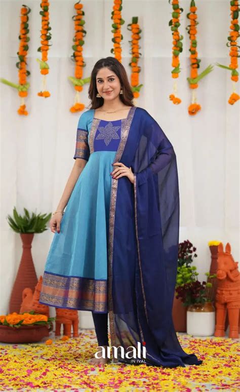 Chettinad Cotton Anarkali - Sky Blue and Dark Blue – Amali Salwars