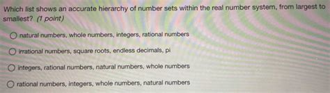 Which list shows an accurate hierarchy of number sets within the real ...