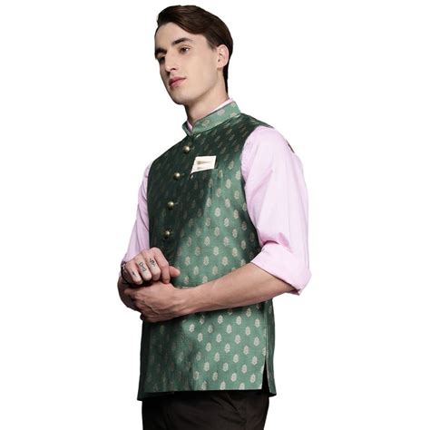 Buy Manyavar Mens Green Art Silk Festive Wear Nehru Jacket Online