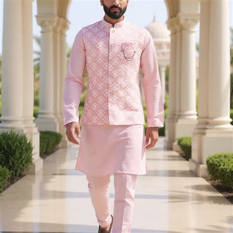 Pink Kurta Set with Thread Embroidered Raw Silk Jacket – De Royal Mens ...