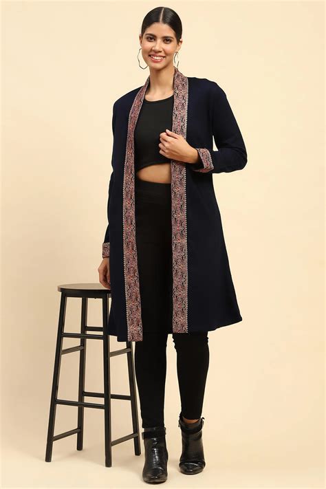 Navy Blue Woolen Thread Embroidered Front Open Ethnic Shr...