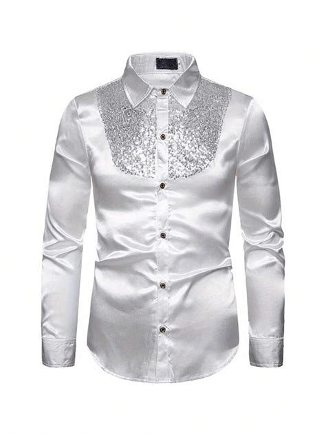 Men Sequins Nightclub Host Shirts Long Sleeve Turn-Down Collar Tops ...