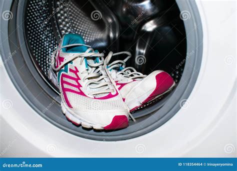 Shoe Washing. White and Pink Sneakers Wash in the Washer (automatic ...