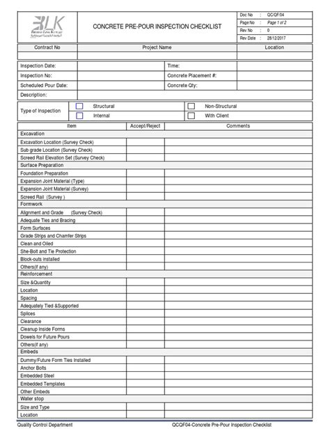 Image result for Pre Concrete Placement Checklist