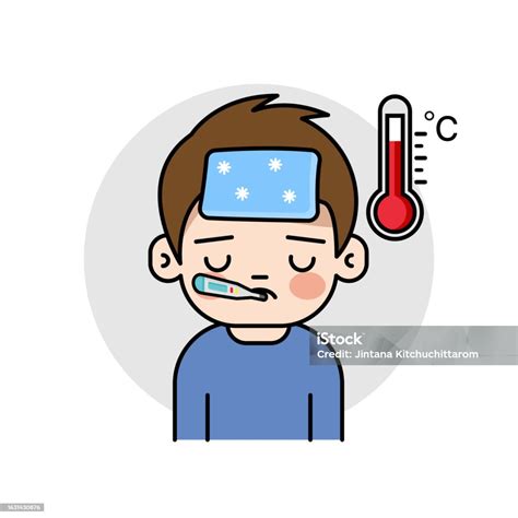 Sick Kids Has Fever And Take Thermometer In Mouth Stock Illustration ...