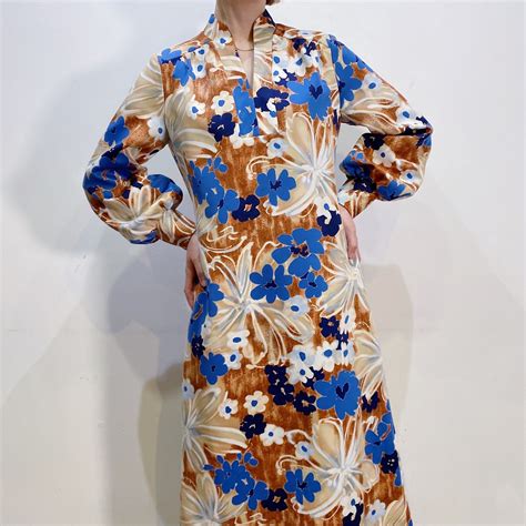 70s brown and blue flower printed long sleeve dress【338】 | LEMON