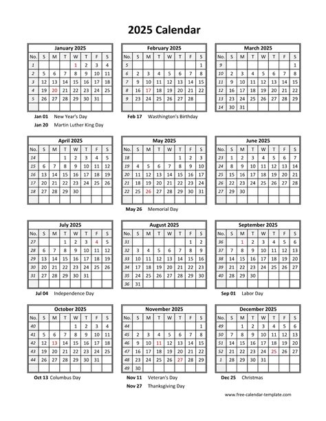 Yearly printable calendar 2025 with holidays | Free-calendar-template.com