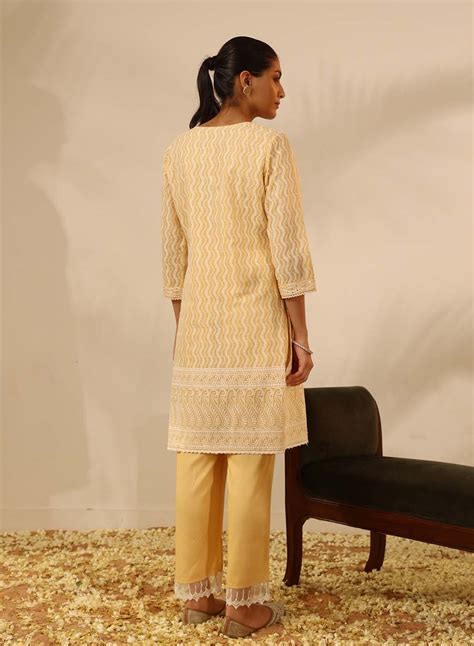 Lemon Long Chanderi Kurta Set with Mirrorwork – Lakshita