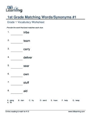 Fillable Online 1st Grade Matching Words/Synonyms #1 Fax Email Print ...