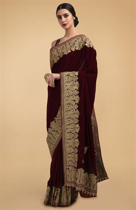 Burgundy Kashmiri Gold Tilla Aari Embroidered Velvet Saree – Talking ...