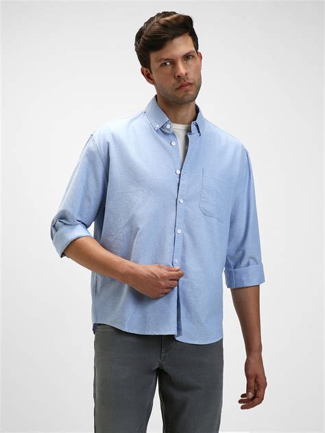 Men's Button Down Collar Regular Fit Solid Blue Casual Shirts – DENNIS ...