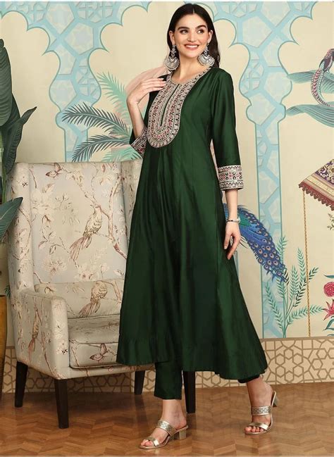 ISHIN Women's Dark Green Polyester Blend Embellished Tunic Full Length ...