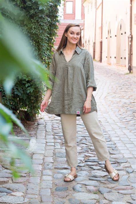 Khaki Green Linen Tunic With Pockets Linen Womens Clothing - Etsy