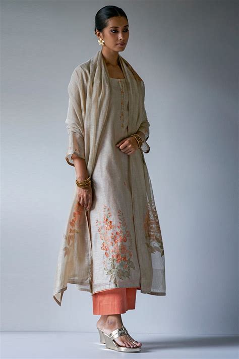 Beige Woven Kurta Suit Set With Delicate Hand Work Detailing and ...