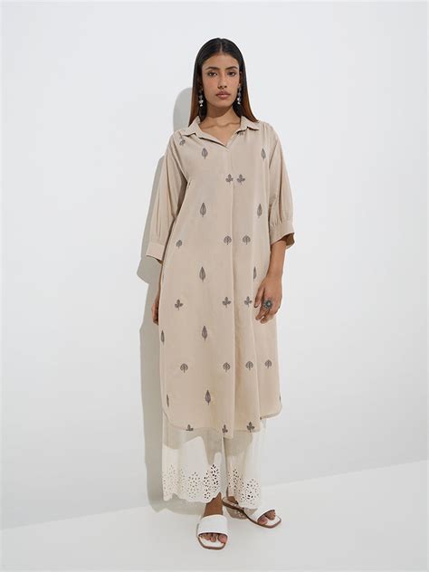 Buy Utsa Beige Leaf Embroidered A-Line Cotton Kurta from Westside