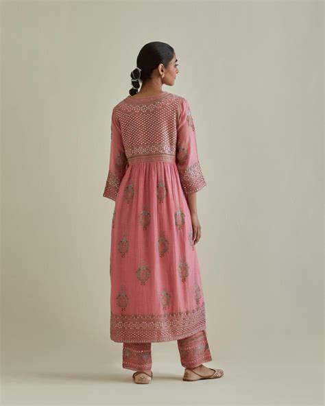 Pink cotton chanderi embroidered kurta dress set with V neck, yoke and ...
