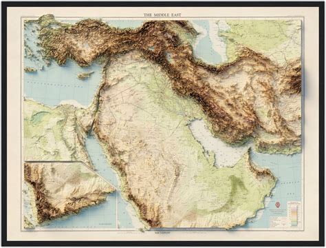 Middle East Topography Map – Vintage Shaded Relief Print, Regional Elevation Cartography ...