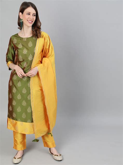 Buy Jaipur Kurti Women Olive Printed Straight Silk Blend Kurta With ...