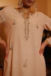 Buy Beige Cotton Cut Work, Beads, Embroidery Split V-neck Floret Kurta ...
