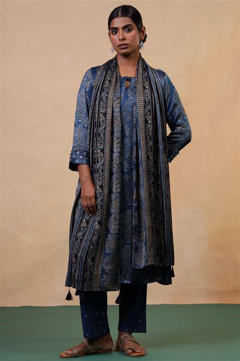 Buy Folksong Indigo Viscose Regular Floral Ajrakh Print Dupatta online ...