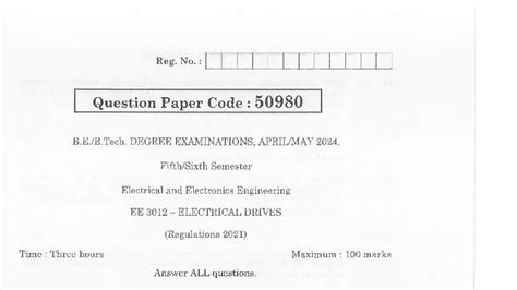 EE 3012 Electrical Drives Exam Paper - Degree Exams 2024 - Studocu