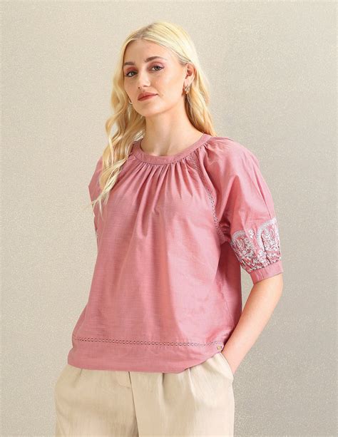 Buy Women Embroidered Sleeve Cotton Top Pink|U.S. Polo Assn. India