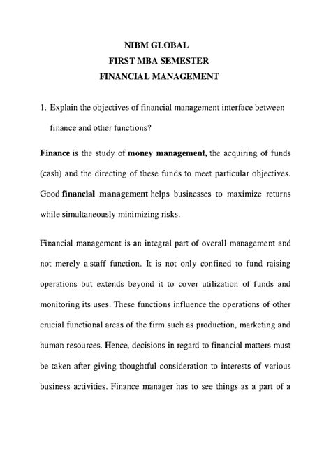 Financial Management - NIBM MBA1 Sem: Objectives & Functions - Studocu