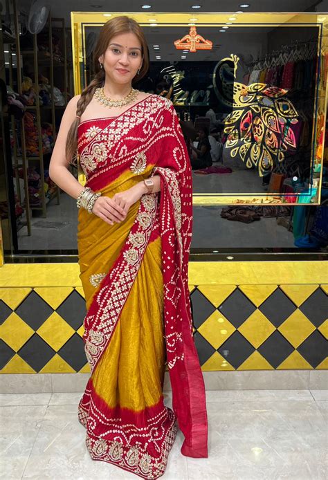 Red Bandhani Piliya Gajji Silk Handcrafted Saree (293) – Sundari Fashion