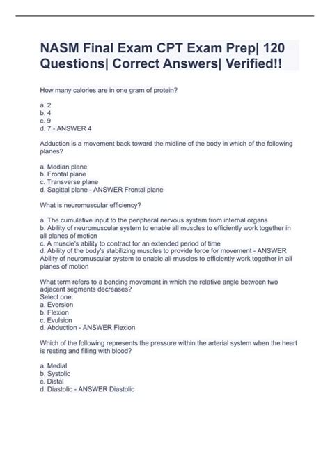 NASM Final Exam CPT Exam Prep| 120 Questions| Correct Answers| Verified ...