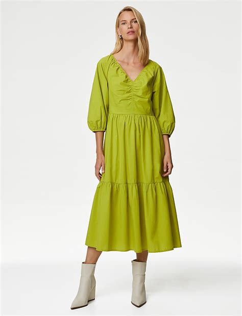 Buy Pure Cotton V-Neck Ruched Midi Tiered Dress at Marks & Spencer