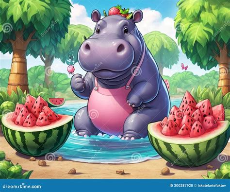 A Carefree Hippopotamus Sells Watermelons Stock Illustration ...