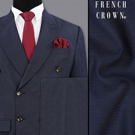 Tuna Navy Blue Textured Premium Terry Rayon Double-Breasted-Suit for Men.